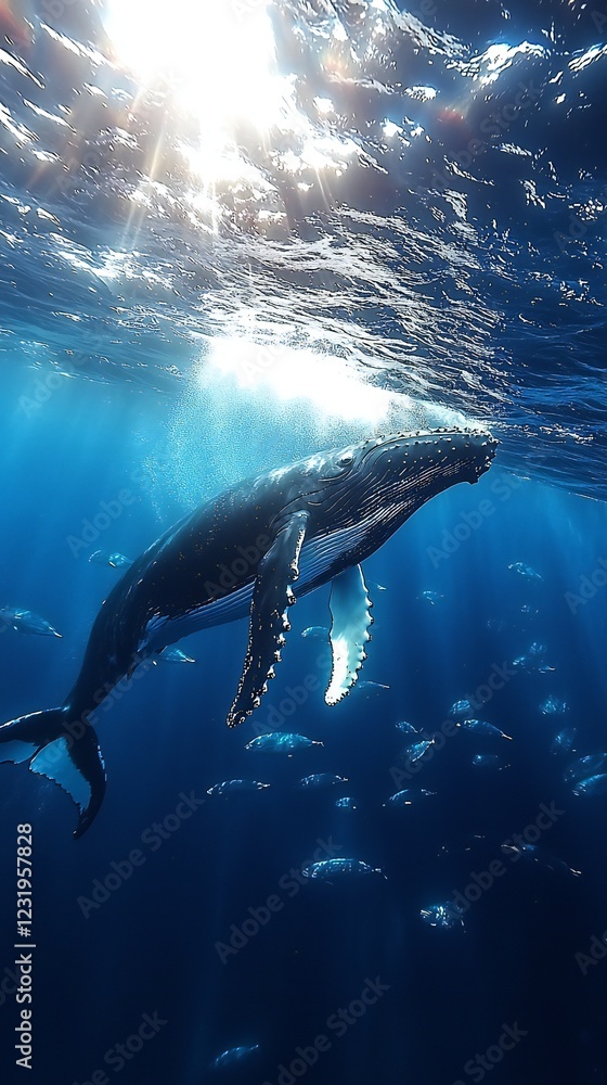 Fototapeta premium HD Phone Wallpaper Majestic Humpback Whale Underwater Sunlight Rays Ocean Wildlife Marine Life