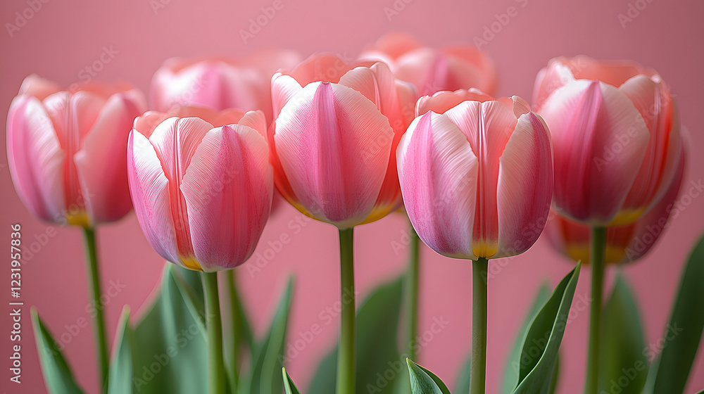 Fototapeta premium Pink flowers are arranged in a row, with their stems sticking out of the ground. The flowers are tall and slender, with green leaves at the bottom
