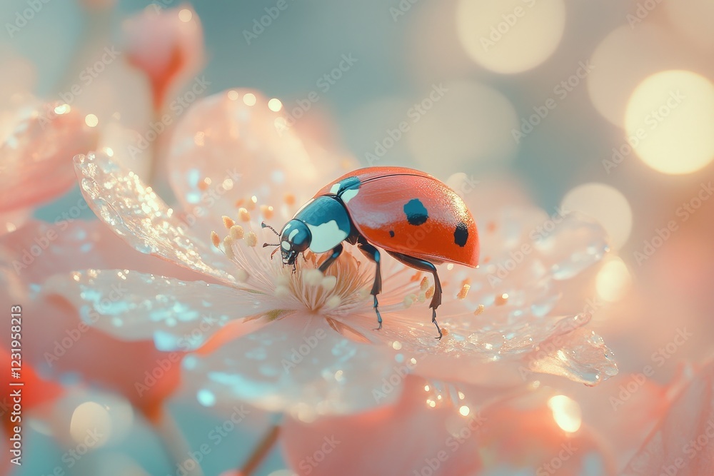 Fototapeta premium Ladybug exploring a wet flower petal in springtime
