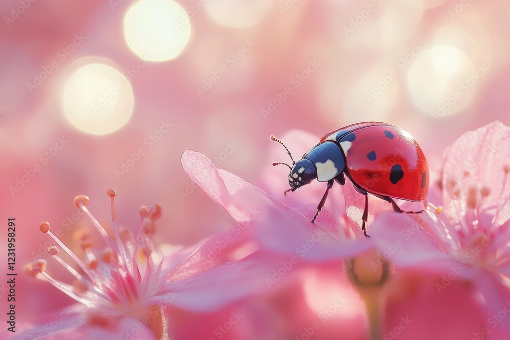 Fototapeta premium Ladybug exploring delicate pink flower petals in soft light