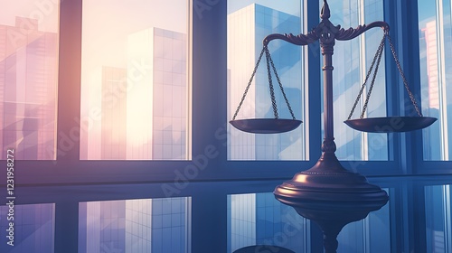 Scales of justice with courthouse building background, concept of business protection by law.