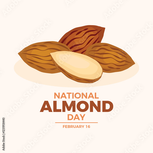 National Almond Day poster vector illustration. Pile of almonds icon vector. Whole and halved almonds drawing. Template for background, banner, card. February 16 every year. Important day
