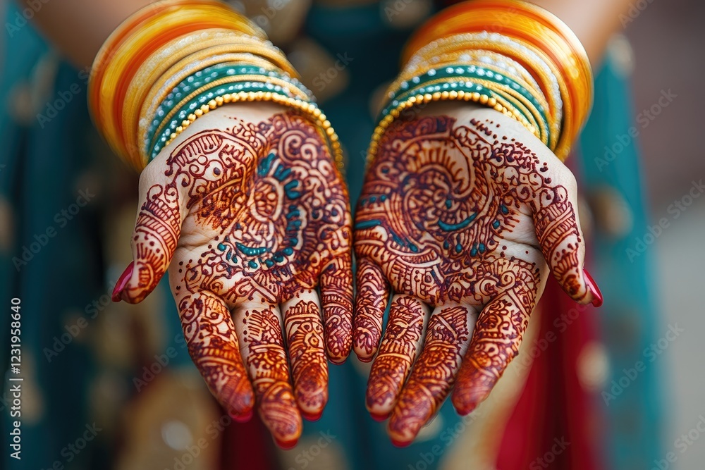 Naklejka premium Indian bride showing henna tattoo on hands wearing traditional bracelets