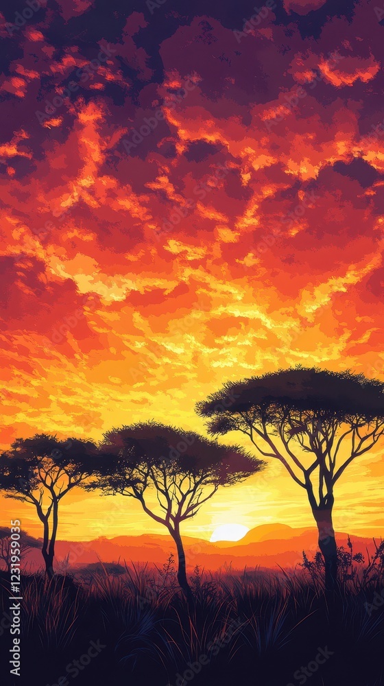 African Savanna Sunset Silhouette Landscape African Savanna Sunset Silhouette Landscape