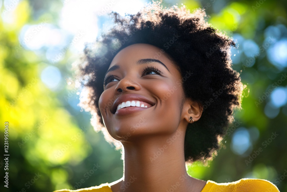 Radiant Woman Smiling Under Sunlight, Lush Green Background Radiant Woman Smiling Under Sunlight, Lush Green Background
