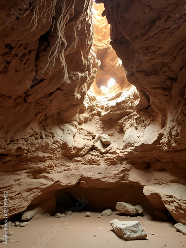 Interior of the large hall of old Karain cave, hidden in Mediterranean region. Confirms human habitation since the early Paleolithic age between 150,000 and 200,000 years ago.Yagca, Antalya, Turkey. photo