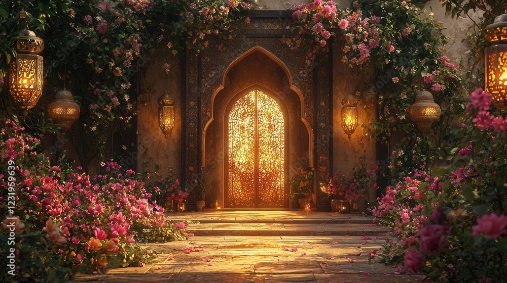 Fototapeta premium Serene Islamic Architecture Surrounded by Floral Decor and Festive Lanterns