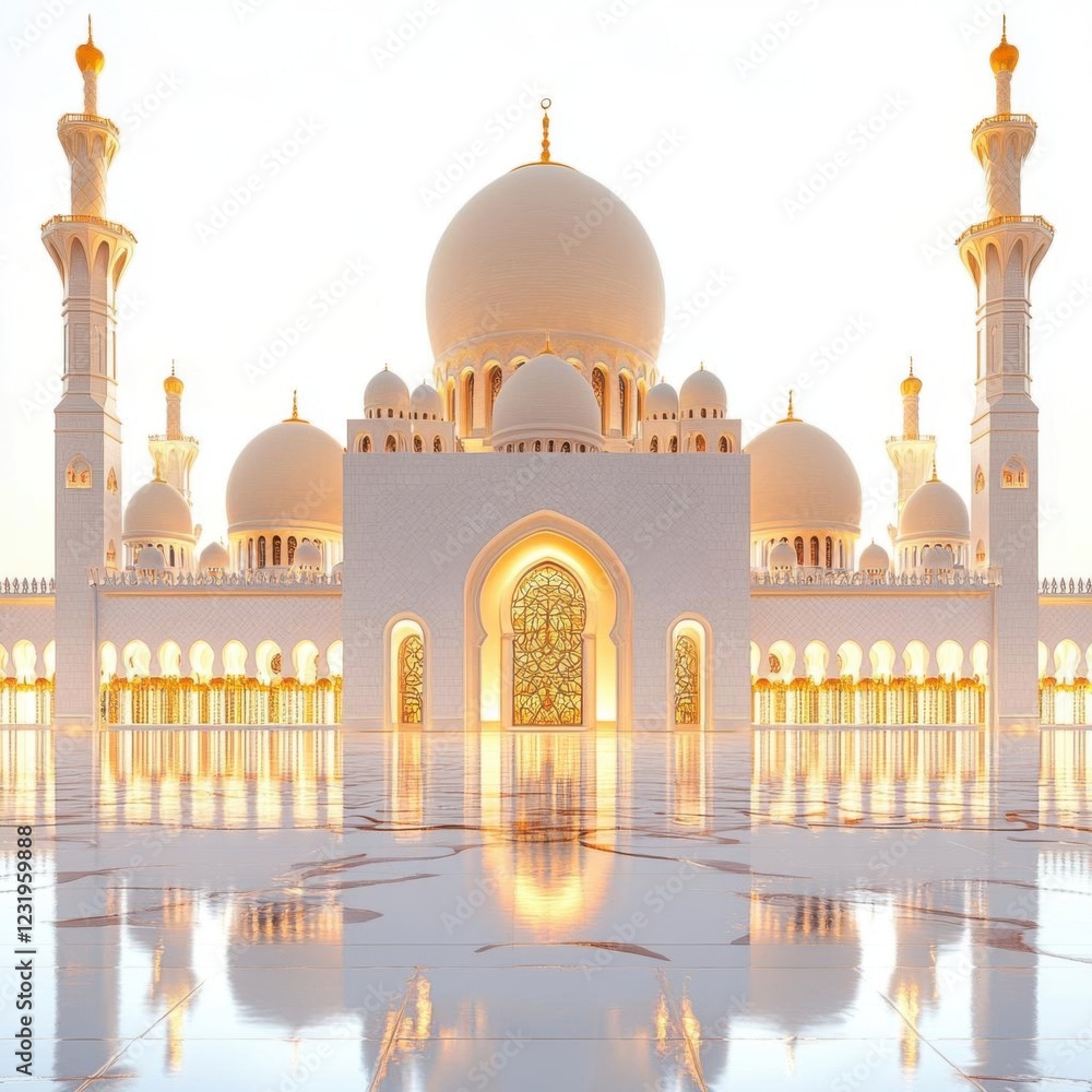 Obraz premium Elegant Mosque at Dusk with Glowing Lights and Golden Domes – Ramadan Symbolism