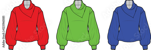 Trendy Cowl Neck Blouse Fashion Flat Sketches Red Green Blue