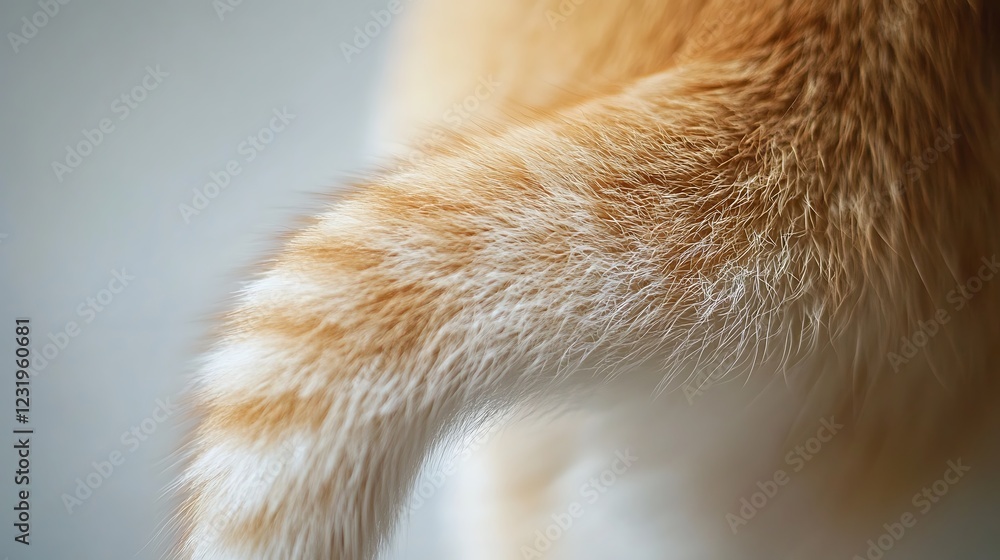 Fototapeta premium Close-up of a fluffy orange cat's tail with white stripes, exhibiting a soft and textured appearance, creating a cozy and playful atmosphere