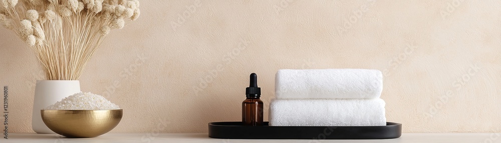 Soft white towels are neatly arranged alongside a sleek black tray holding essential oils. A gold bowl of bath salts completes this tranquil, high-end spa-like setup against a smooth beige wall Soft white towels are neatly arranged alongside a sleek black tray holding essential oils. A gold bowl of bath salts completes this tranquil, high-end spa-like setup against a smooth beige wall