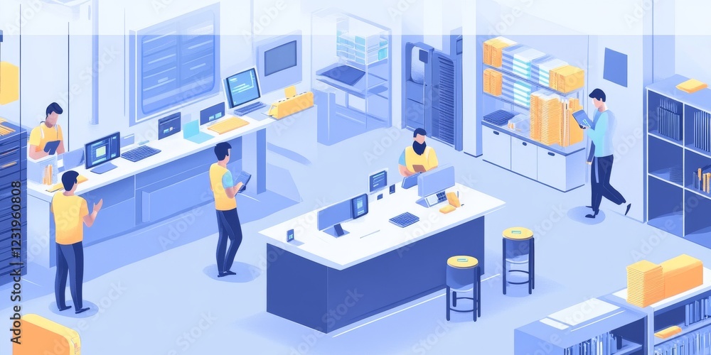 Obraz premium Factory management scene, showcasing technology-driven solutions and cooperative problem-solving