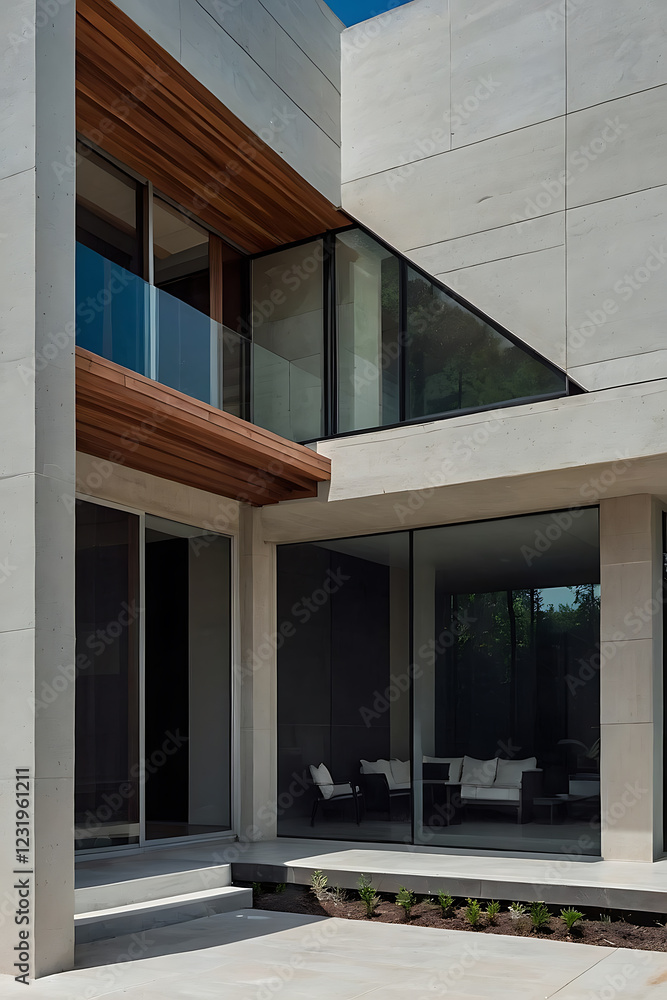 Fototapeta premium Modern Concrete House with Glass Walls and Wooden Accents - Stunning Contemporary Architecture Design