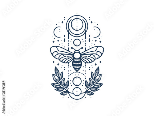 Celestial Crystal Bee With crescent Moon, harmony  vertical alignment, Tattoo Line Silhouette.
