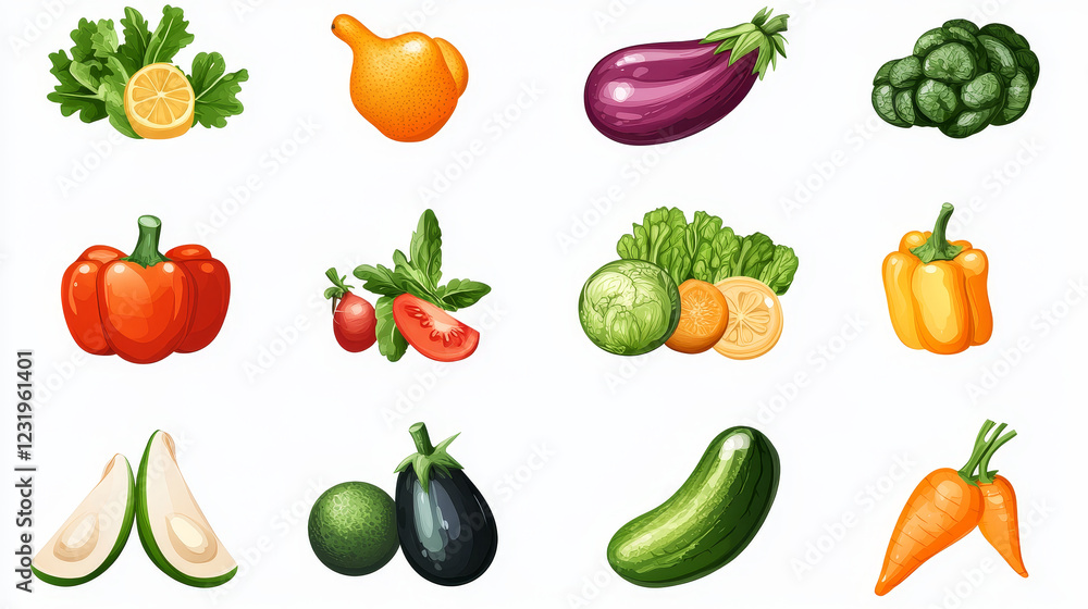 Farm grocery food ui game interface icon vector illustration. Fresh vegetable and fruit for supermarket design. Glossy watermelon, cherry, pumpkin, pear, eggplant and pepper farmer harvest clipart Farm grocery food ui game interface icon vector illustration. Fresh vegetable and fruit for supermarket design. Glossy watermelon, cherry, pumpkin, pear, eggplant and pepper farmer harvest clipart