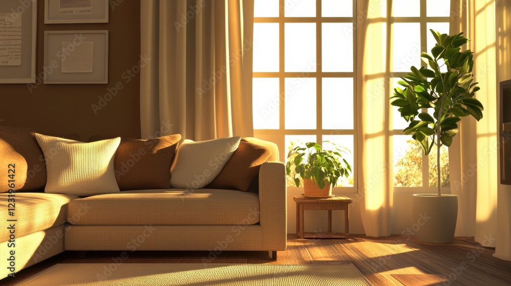 Fototapeta premium Sunlit living room interior with comfortable sofa and greenery