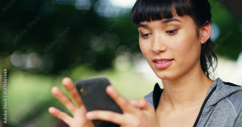 Outdoor, woman and fitness with mobile for scroll, online exercise and download app for training. Bokeh, female person and browse with smartphone for digital video, watch workout tutorial or wellness Outdoor, woman and fitness with mobile for scroll, online exercise and download app for training. Bokeh, female person and browse with smartphone for digital video, watch workout tutorial or wellness