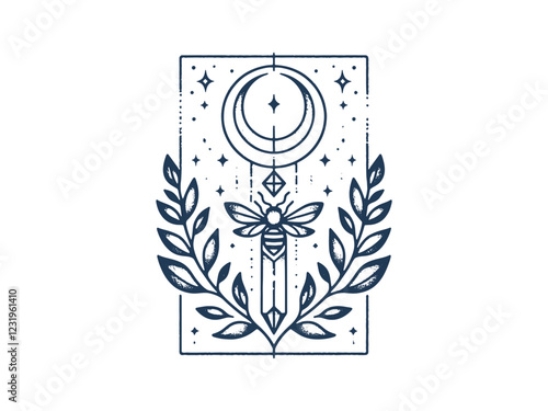 Celestial Crystal Bee With crescent Moon, harmony  vertical alignment, Tattoo Line Silhouette.