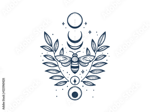 Celestial Crystal Bee With crescent Moon, harmony  vertical alignment, Tattoo Line Silhouette.