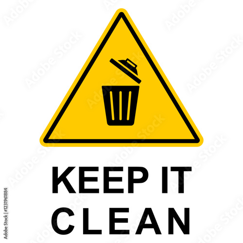 Yellow Triangle 'Keep It Clean' Sign with Trash Bin Icon – Isolated Vector Illustration for Environmental Awareness Campaigns, Posters, Banners, and Templates