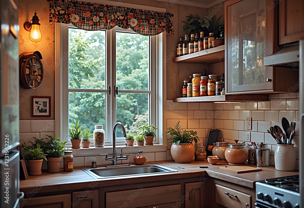 Fototapeta premium Compact kitchen with spice jars on the window