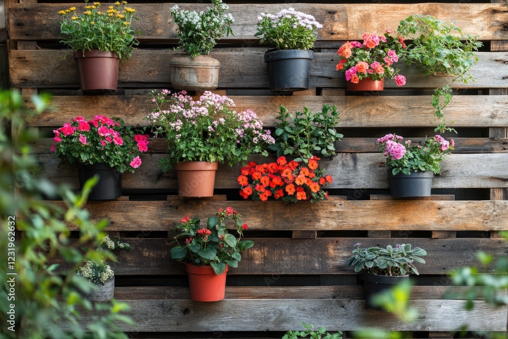 Naklejka premium Colorful flowers growing in pots on rustic wooden pallet wall