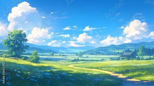 Obraz na płótnie Serene anime-style landscape, perfect as a captivating background scene. w salonie