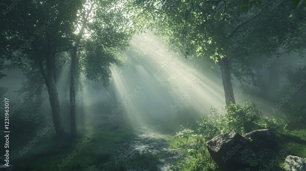 Fototapeta premium Sunbeams pierce misty forest, creating ethereal path; background shows dense foliage; ideal for fantasy, nature, or tranquility themes