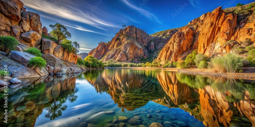 Naklejka premium Dramatic reflections of ancient rocks in the surface of a peaceful lake at Glen Helen Gorge, surrounded by majestic trees and hills , rock formations, lake