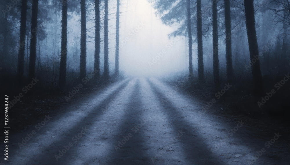 Fototapeta premium A misty forest path surrounded by tall trees, leading into an ethereal light, creating a tranquil yet mysterious atmosphere.