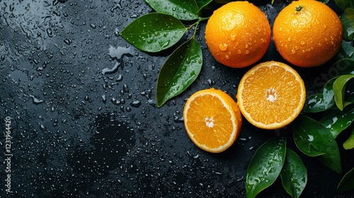Fresh whole and sliced oranges with water droplets and green leaves on a black background. Copy space for text