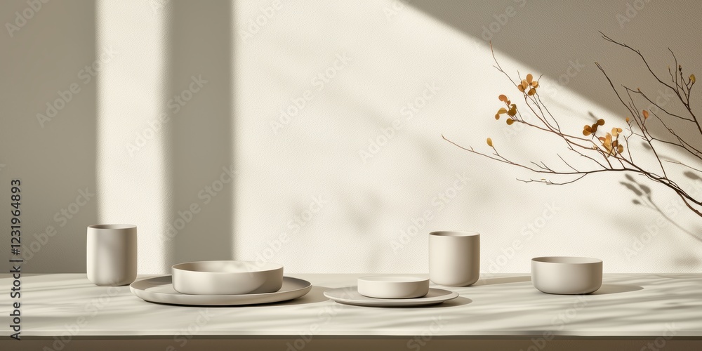 A minimalist table setting featuring elegant ceramics and soft shadows, complemented by delicate branches, creating a serene atmosphere. A minimalist table setting featuring elegant ceramics and soft shadows, complemented by delicate branches, creating a serene atmosphere.