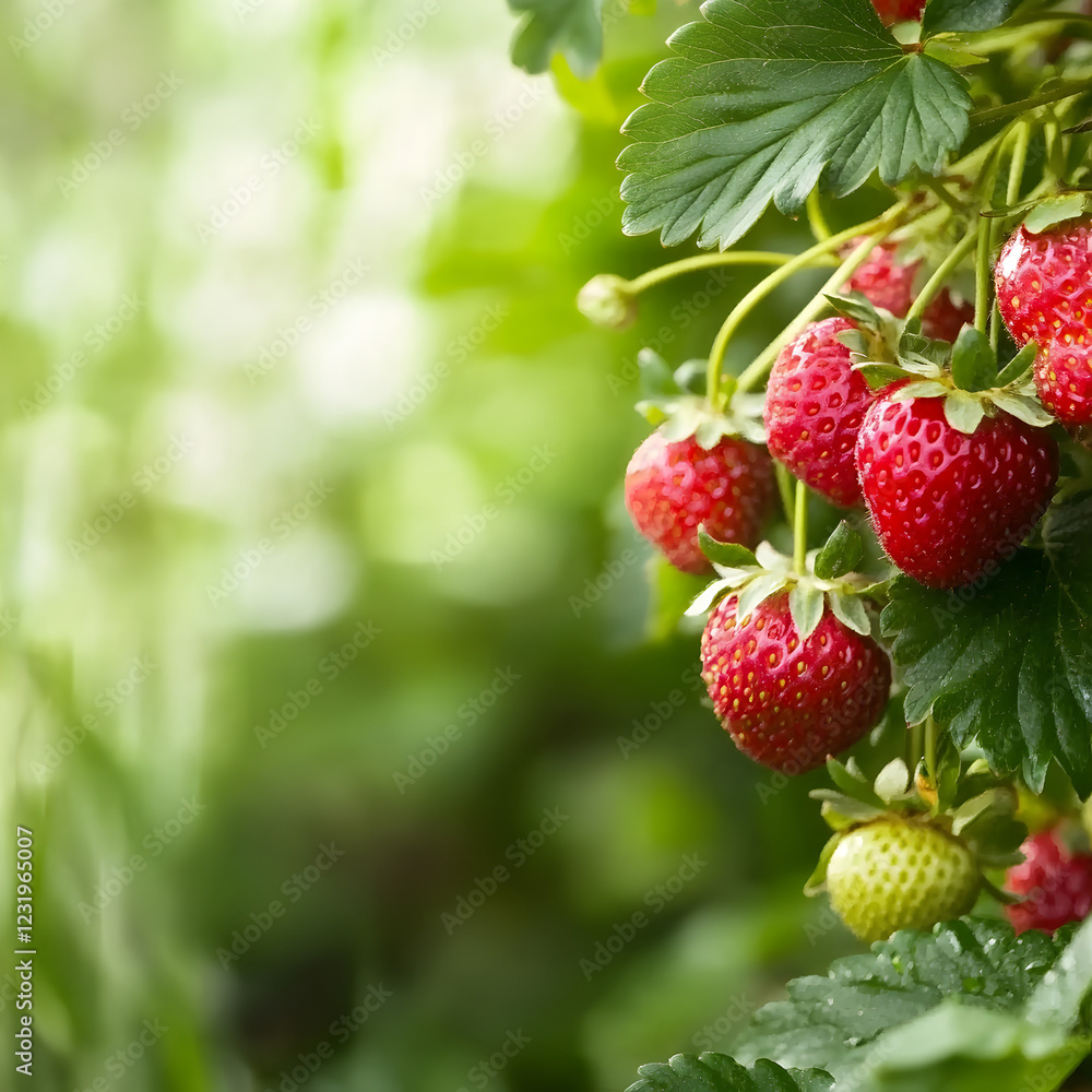 Strawberry bush close-up, garden background with copy space. Strawberry bush close-up, garden background with copy space.