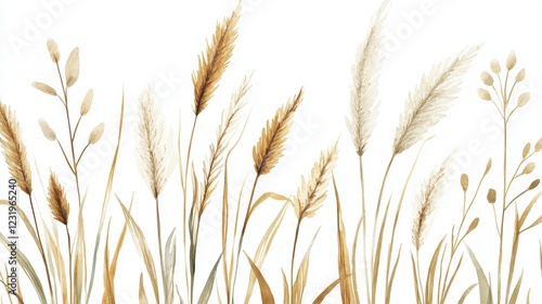 A serene illustration of tall grasses and delicate plants in soft hues, creating a peaceful, natural atmosphere.