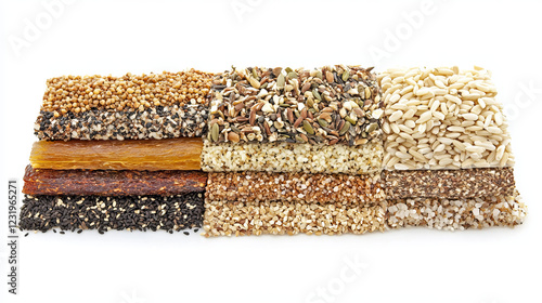 Rice sushi, brown and wild grain piles top view isolated on white background. Vegetarian organic raw food, different cereals types for sushi and healthy eating, realistic 3d vector icon, clip art