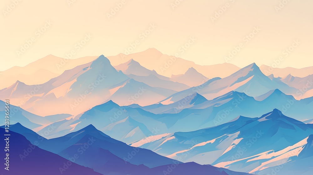Serene landscape of mountain ridges bathed in soft morning light, pastel palette, conveying tranquility