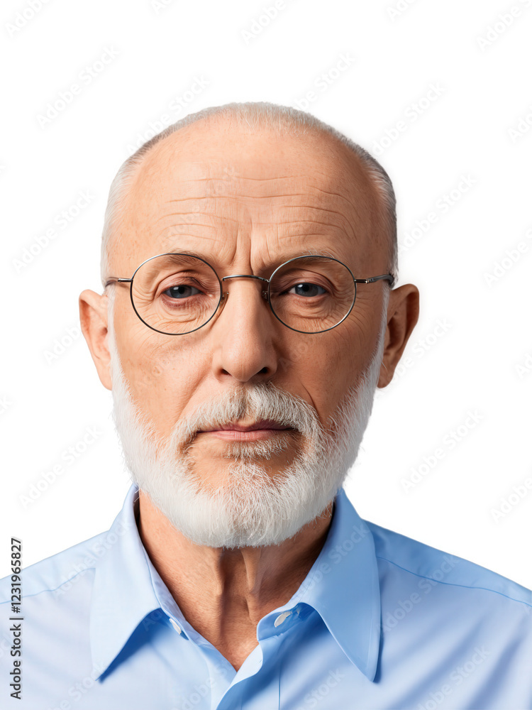 Older man with a balding head and a thick beard, wearing round glasses and a calm, thoughtful expression. He is Older man with a balding head and a thick beard, wearing round glasses and a calm, thoughtful expression. He is