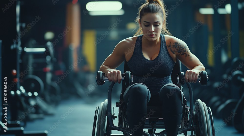 Woman in a wheelchair exercising with dumbbells in a gym Woman in a wheelchair exercising with dumbbells in a gym