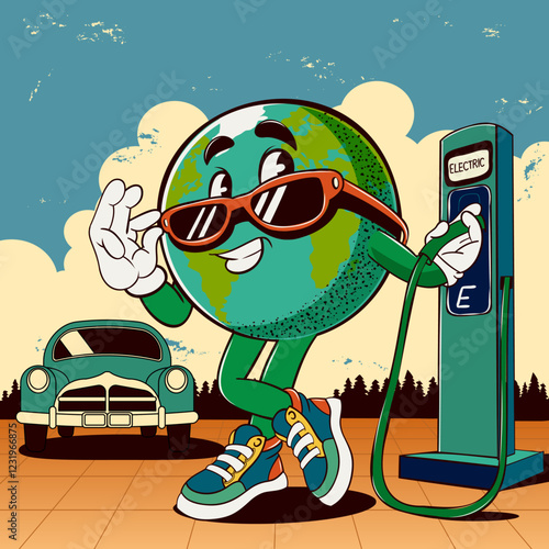 Eco-friendly Earth character plugging into an electric charging station cheerful illustration promoting sustainable energy and environmental responsibility