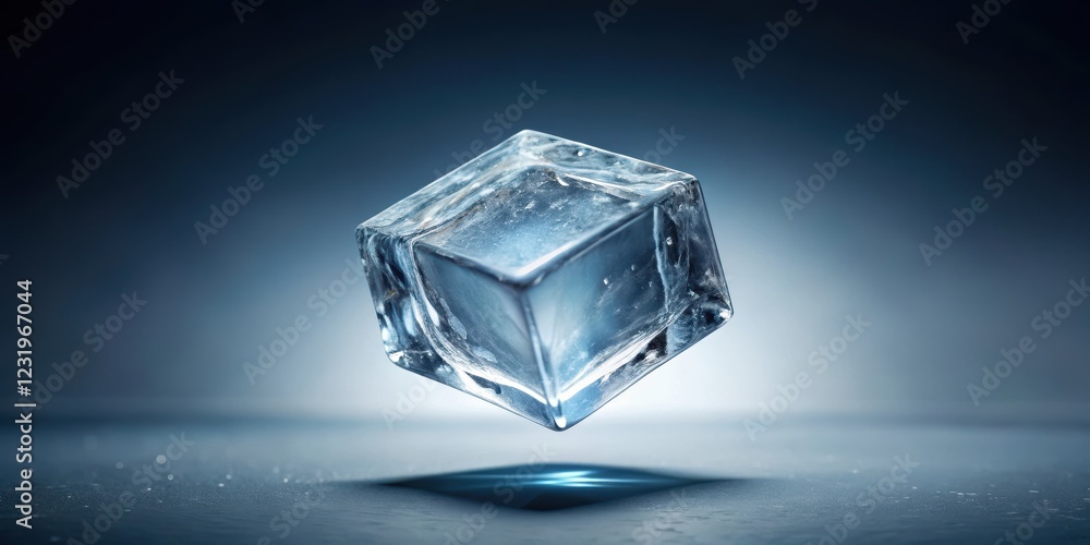 A delicate cube of ice suspended in mid-air against a clear, smooth, and empty transparent background, emphasizing its fragile beauty and eerie light effect , transparent background, ethereal scene