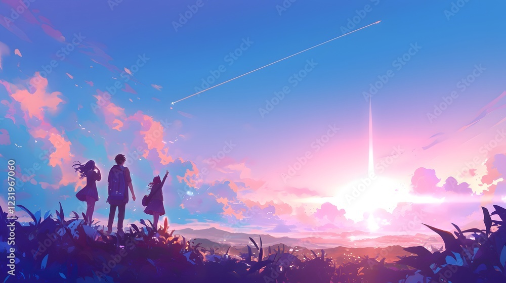 Serene Scene of Friends Together Looking Toward a Bright Sky