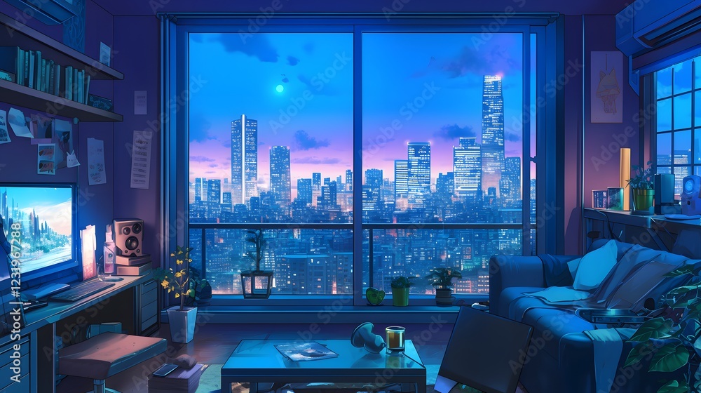 Serene purple-toned anime room with a view of the city through a window.
