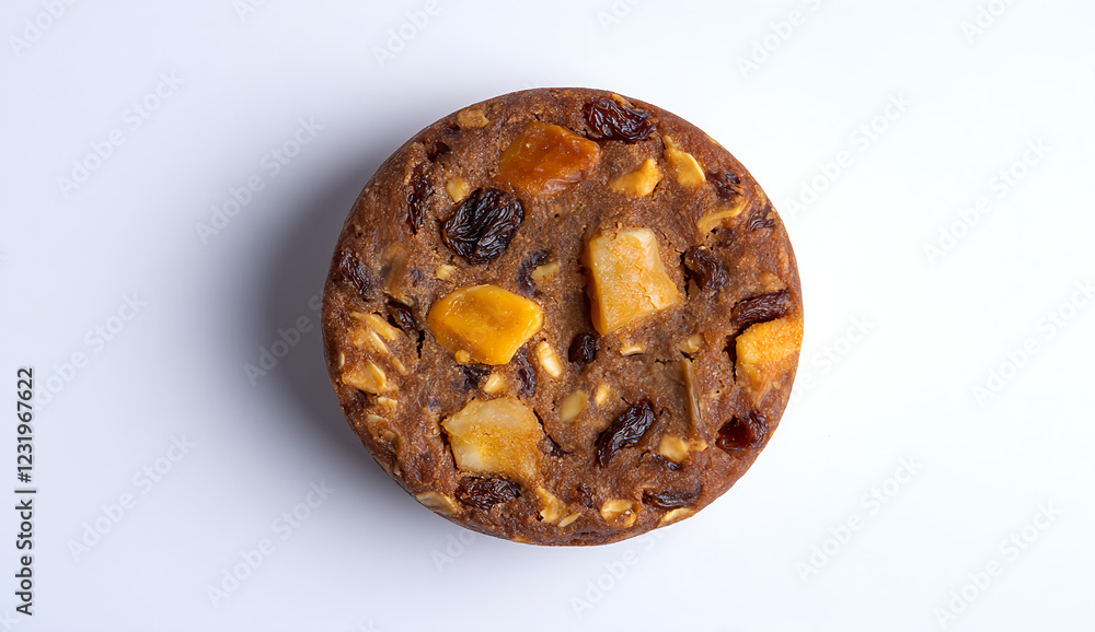 A top-down view of an oatmeal raisin cookie centered on a white background, high-resolution photography, product photo for advertising, professional food photography, studio lighting, centered A top-down view of an oatmeal raisin cookie centered on a white background, high-resolution photography, product photo for advertising, professional food photography, studio lighting, centered