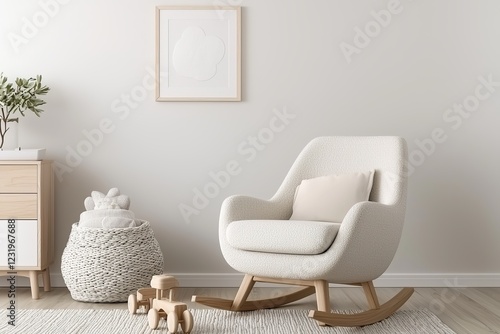 A serene and minimalist nursery interior design with a rocking chair.  Simple, cozy, and comfortable. Perfect for a peaceful retreat. photo