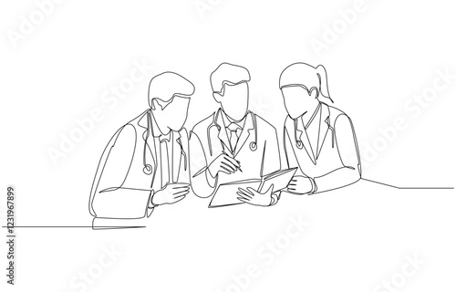 Continuous one line drawing of new male doctor consulting with colleagues about patient's health case, medical team concept, single line art