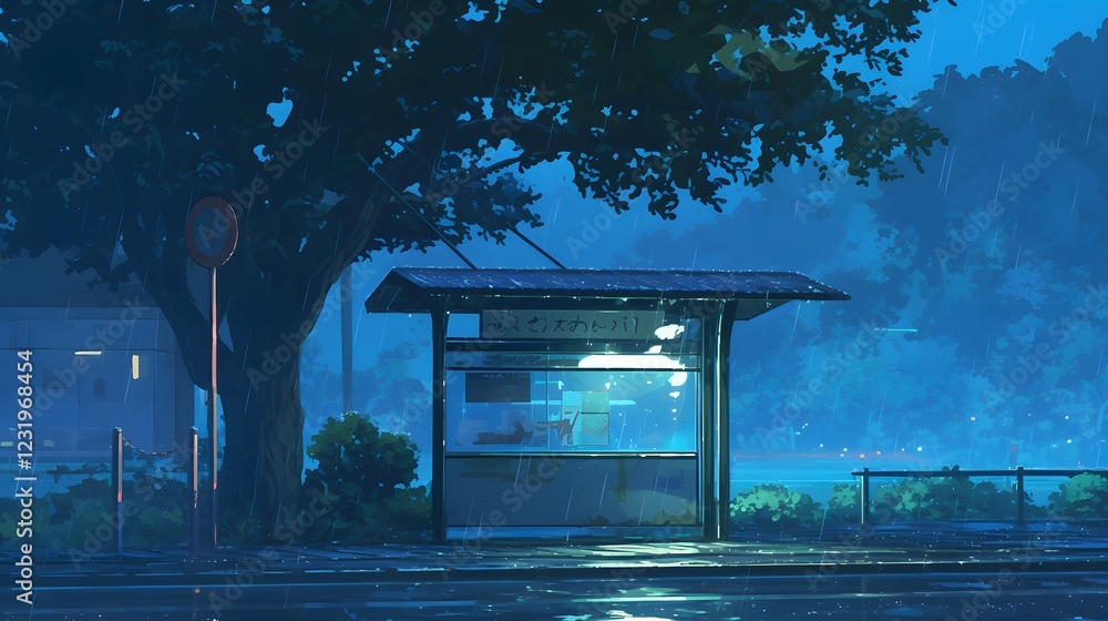 Serene Urban Night Scene at Bus Stop Under Tree