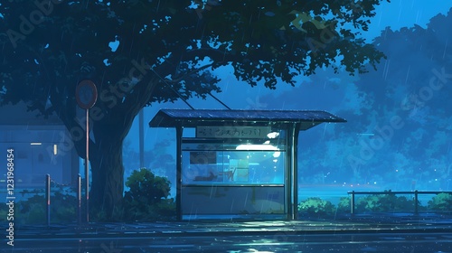 Obraz na płótnie Serene Urban Night Scene at Bus Stop Under Tree w salonie