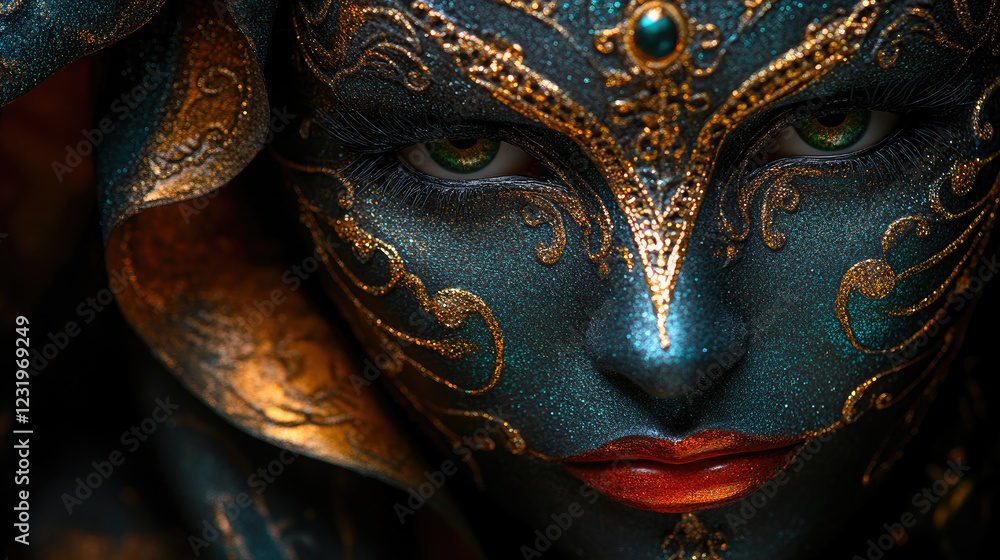 Obraz premium Portrait close-up smooth Beautiful young woman with carnival makeup and mask. Banner for Mardi Gras Carnival Day in in USA, in New Orleans. Banner.