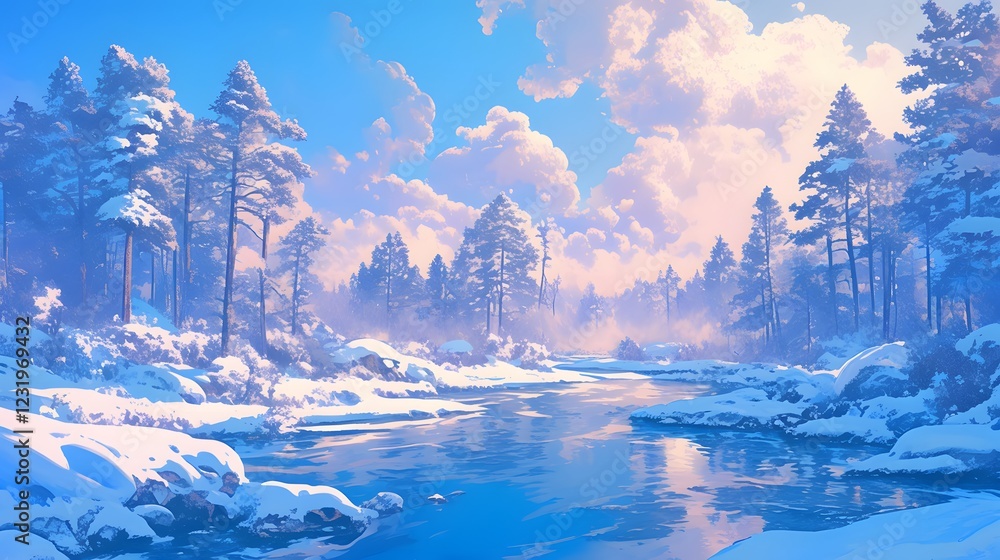 Serene Winter Landscape with Snowy Trees and Glimmering River