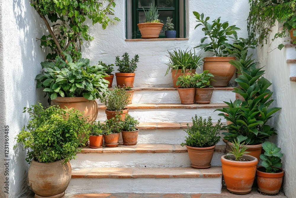 Fototapeta premium Many terracotta pots decorating white stairs in a peaceful mediterranean courtyard